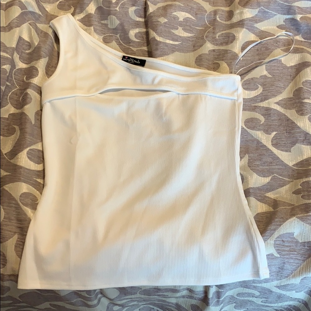 One shoulder white top
